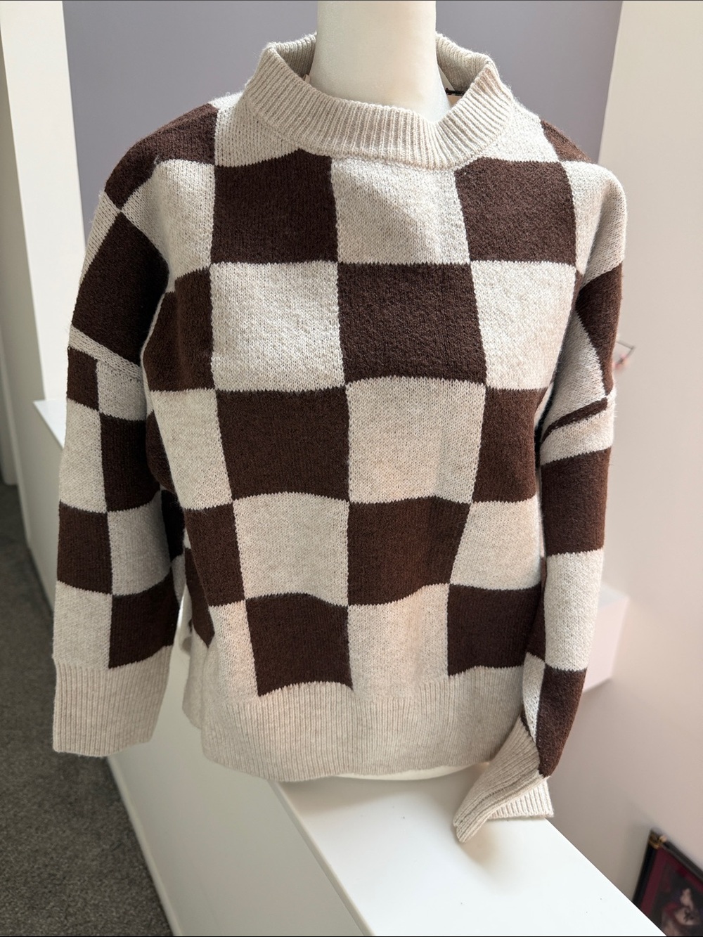 Sincerely Jules Brown and Cream Checkerboard Knit Sweater